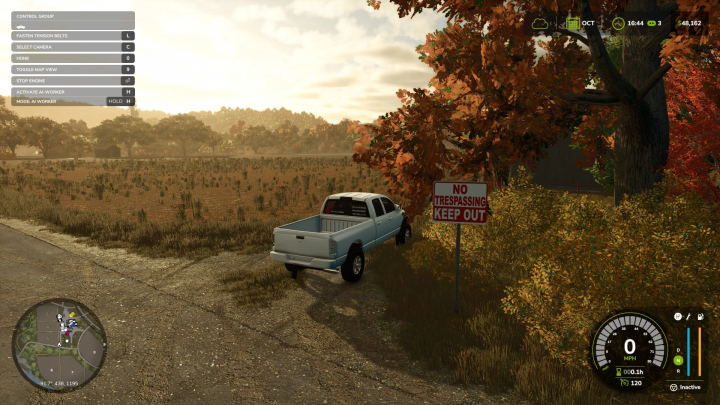 fs25-mods,  FS25 mod No Trespassing sign near parked truck in autumn field