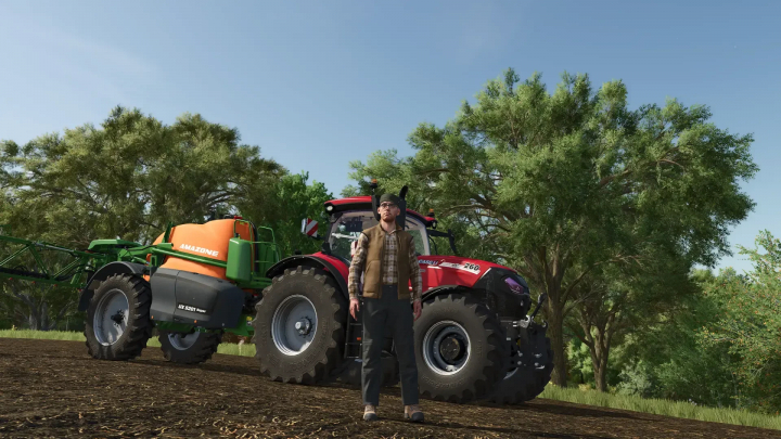 fs25-mods,  FS25 mod 'OisterPropers Reshade v1.0.0.0' shows a farmer with a red tractor and sprayer in a lush landscape.