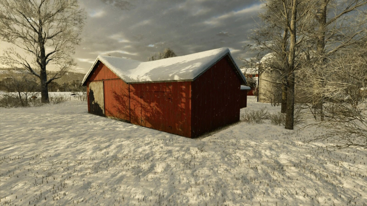 fs25-mods,  FS25 mods: Old red shed in snowy landscape, part of Old Sheds v1.0.0.0 for Farming Simulator 25.