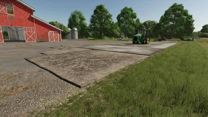 fs25-mods,  FS25 mods Pack Of Decorative Tiles v1.0.0.0, avec une dalle en béton près d'une grange rouge et un tracteur dans une ferme.