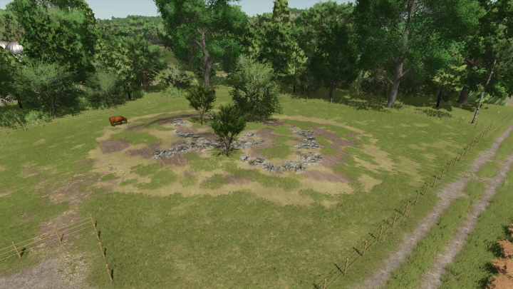 fs25-mods,  Farming Simulator 25 mod scene: lush green field with trees and a cow, showcasing Paint and Terraform Anywhere mod.