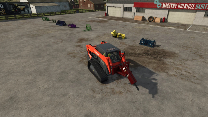 fs25-mods, Mod FS25 Paladin Pack 1.0.0.0 con un cargador rojo y varios accesorios en una granja.