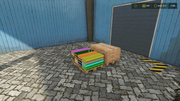 fs25-mods,  FS25 mod Pallet store v1.0.0.0 showing colorful and wooden pallets against a blue wall.