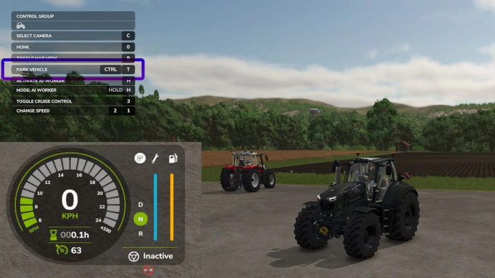 fs25-mods,  Interfaccia FS25 mods Park Vehicle v1.0.0.1 con menu di controllo e trattore in Farming Simulator 25.