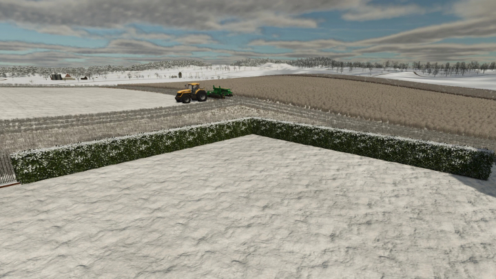 fs25-mods,  Winter landscape in FS25 with Placeable Hedges mod and tractor in snowy field.