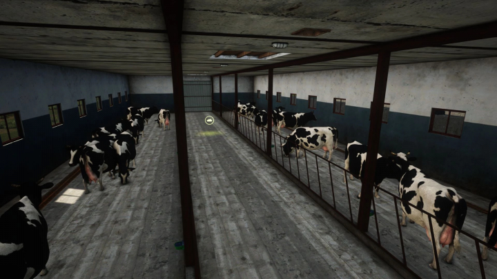 fs25-mods,  Interior view of the Polish Cowshed v1.0.0.1 mod in FS25, featuring cows in a barn.