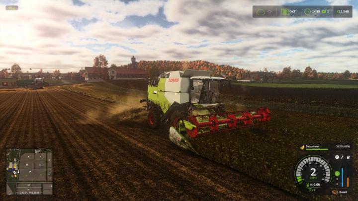 fs25-mods,  FS25 mod Realistic RayTracing Reshade Preset shows a combine harvester in a detailed autumn landscape.