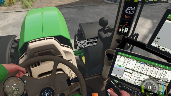 fs25-mods,  FS25 mod showing realistic camera view with hand on steering wheel and digital dashboard in Farming Simulator 25.