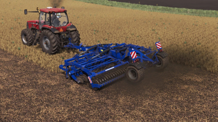 fs22-mods,  FS22 mod Rolmako U671 Standard v1.0.2.0, a blue agricultural tool, attached to a red tractor working on a field in Farming Simulator 22.