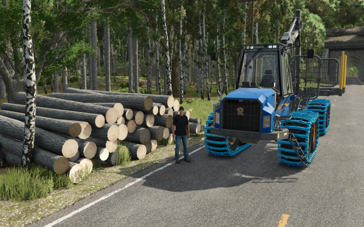 fs25-mods,  FS25 mod Rottne F20 D v1.0.0.0 shows a logging machine beside stacked logs in a forest setting.