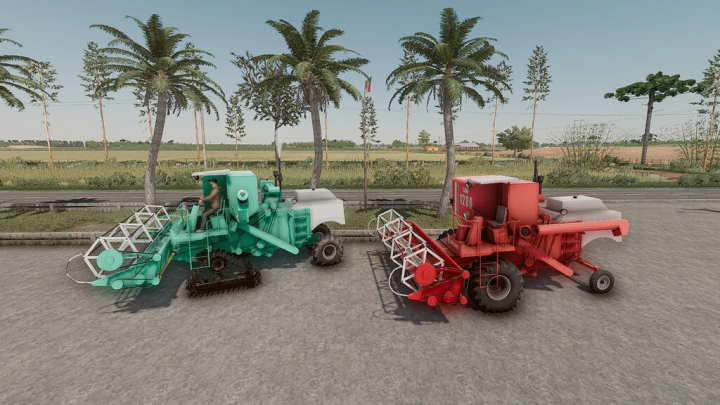 fs22-mods, Farming Simulator 22 mods: Two SM 1200 v1.0.0.0 harvesters, one teal and one red, parked on a concrete surface.