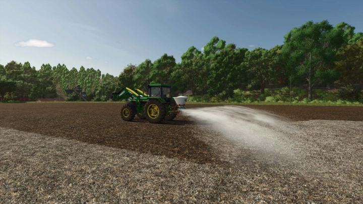 fs25-mods,  Salek 300 Spreader with Lime mod in FS25 spreading lime on a farm field.