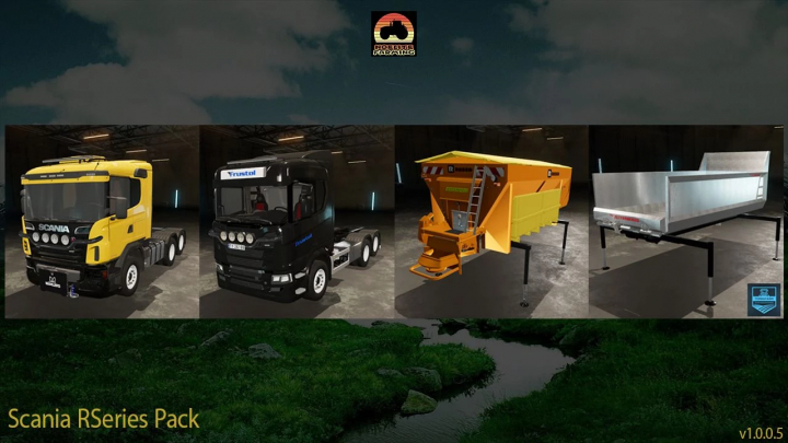 fs22-mods, FS22 Scania R Series Pack v1.0.0.6 zawierający żółtą i czarną ciężarówkę, pomarańczową mieszalnik i srebrną przyczepę w magazynie.