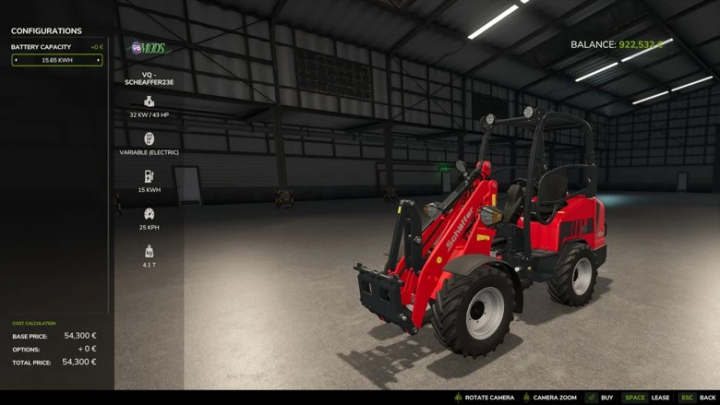 fs25-mods,  Mod Scheaffer 23E Re-balanced v1.0.0.0 no FS25, exibindo configurações e custos em uma garagem virtual.