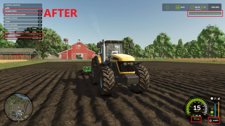 fs25-mods, FS25 mod Seamless Control v1.0.0.0, showing a tractor on a field with the interface menu options visible.