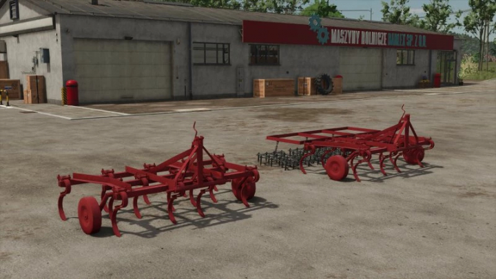 fs25-mods,  Two red cultivators on a farm, featured in the Selfmade Cultivator v1.0.0.0 mod for Farming Simulator 25.