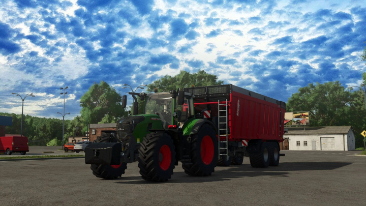 fs25-mods,  Tractor with a red trailer in FS25 Shader Preset Kizz mod, showcasing vivid skies and detailed graphics.