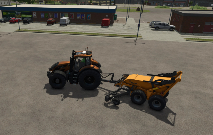 fs25-mods, FS25 mod StoneCollector by CW33 v1.0.0.1 showing a tractor with attached stone collector in a parking lot.