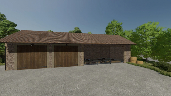 fs22-mods, FS22 Stone Farm Pack mod showing a rustic barn with wooden doors and hay bales