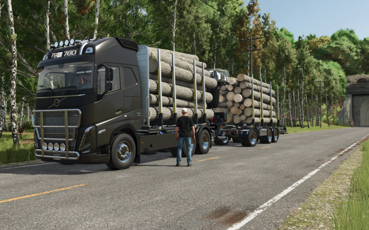 fs25-mods,  Timber Frame FH16 mod in FS25 hauling logs down a forest road