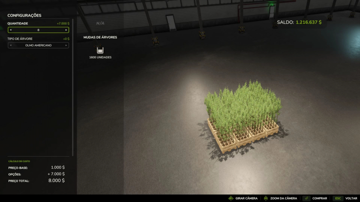 fs25-mods, FS25 Tree Sapling mod v1.0.0.0 overview, showing saplings in a warehouse. Farming Simulator 25 mods interface.