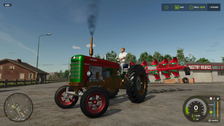 fs25-mods,  Mod FS25 tracteur UTB 650 Turbo dans Farming Simulator 25, design vintage vert et rouge, conduit par un personnage.