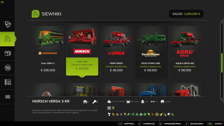 fs25-mods,  FS25 mod menu displaying Universal Seeders v1.0.0.1, including various models with prices, such as Horsch Versa 3 KR.