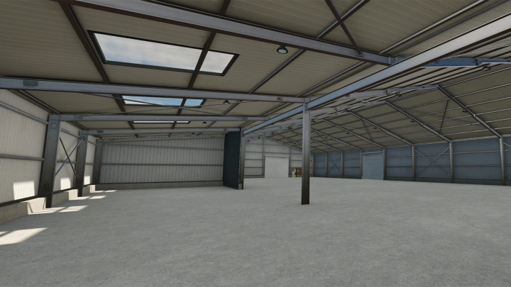 fs25-mods,  Interieur van Vehicle Shed v1.0.0.0 mod voor FS25, met ruime opslag en hoge plafonds.