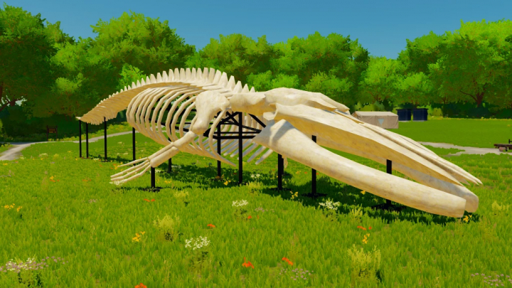 fs22-mods, FS22 mod Whale Skeleton Sculpture in a lush field, Farming Simulator 22 mod.