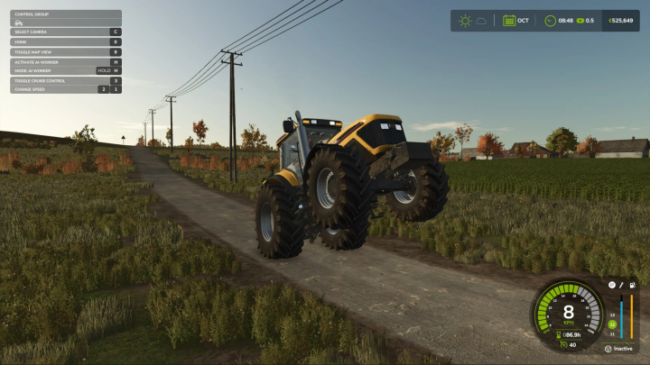 fs25-mods,  FS25 mod Wheelie v1.0.0.0 showing a tractor doing a wheelie on a rural road in Farming Simulator 25.