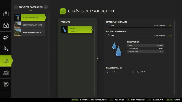 fs25-mods,  FS25 Wifi Water Pump mod interface showing production status and water management.