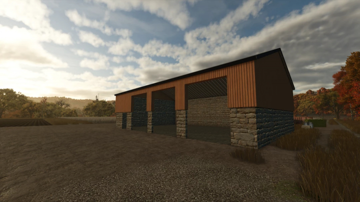 fs25-mods,  Wood Cladded Machine Shed mod for FS25, showcasing a rustic stone and wood structure in a scenic farm setting.