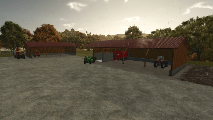 fs25-mods,  Wood Shelter Set v1.0.0.0 mod in FS25, featuring wooden shelters and tractors under a cloudy sky.