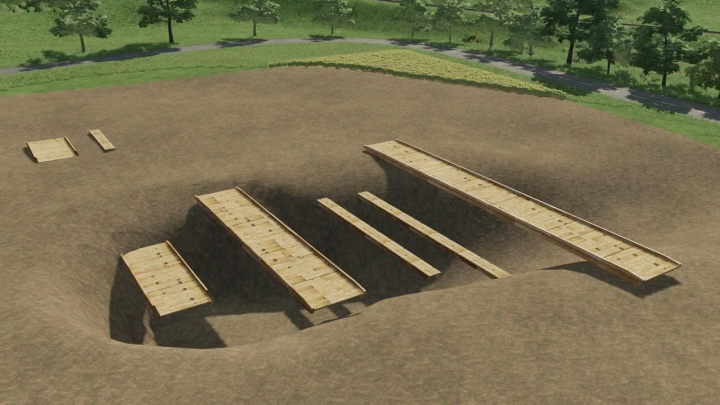 fs25-mods, Wooden bridge pack v1.0.0.1 for FS25 features various bridge sizes in a rural landscape.