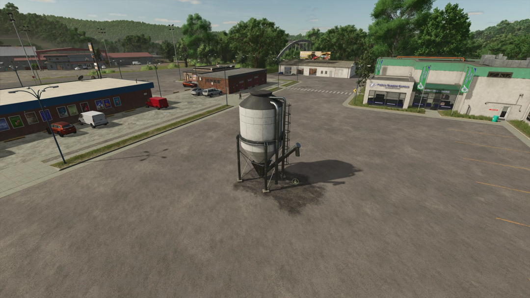 FS25 mod Wholesale Buying Station by CW33 offering 10% discount, featuring a storage silo in a parking area in Farming Simulator 25.