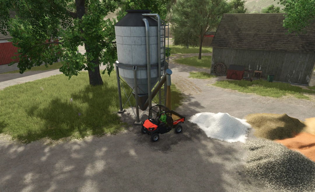 FS25 mod image shows a wholesale buying station with a small utility vehicle nearby, surrounded by piles of resources and a barn.