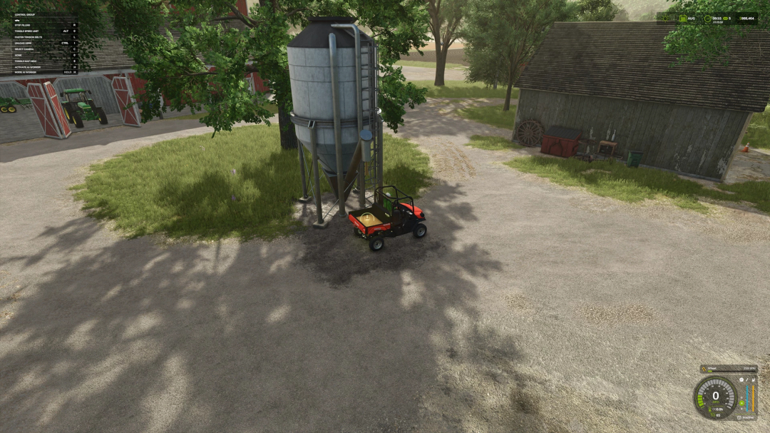 A vehicle parked near a grain silo in FS25, showcasing the Wholesale Buying Station mod by CW33.