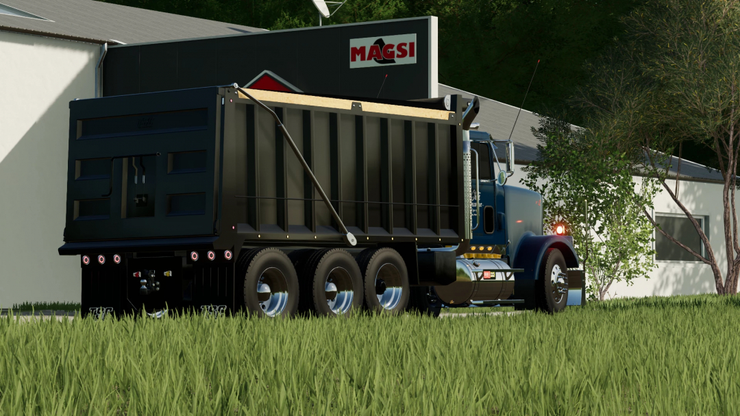 FS22 mod 1988 International 9300 vrachtwagen bij gebouw in Farming Simulator 22, met gedetailleerd ontwerp.