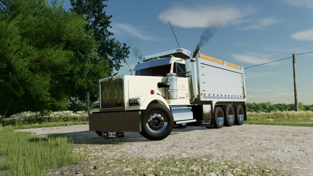 The 1990 Western Star 4964 Tri-Axle mod for FS22 showcased against a rural backdrop.