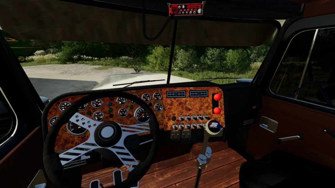 Interior view of 1990 Western Star 4964 Tri-Axle truck mod in FS22, showcasing dashboard and steering wheel details.