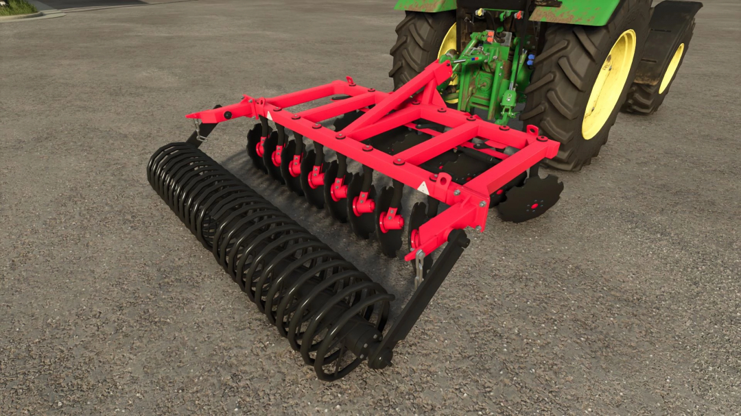 FS25 mod ABD 2.6x2 v1.0.0.0 features a red agricultural disc harrow attached to green tractor for Farming Simulator 25.