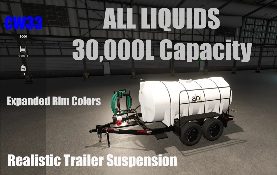 FS25 mod All Liquid Trailer V1.0.0.0 with 30,000L capacity, expanded rim colors, and realistic suspension in a warehouse.