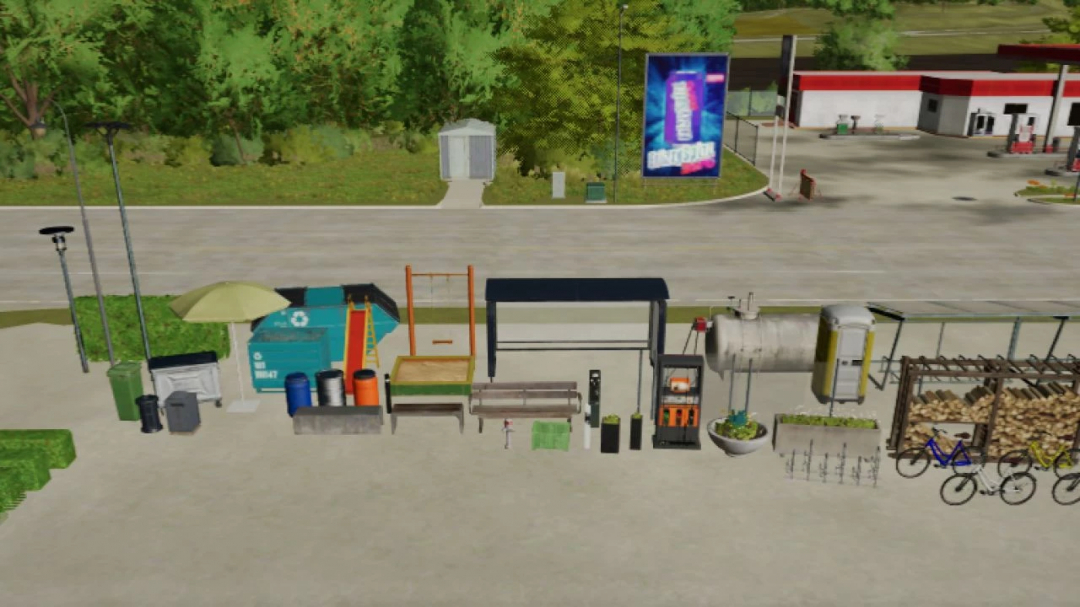 FS25 Alpine Props v2.0.0.0 featuring street items and structures, enhancing the Farming Simulator 25 landscape.