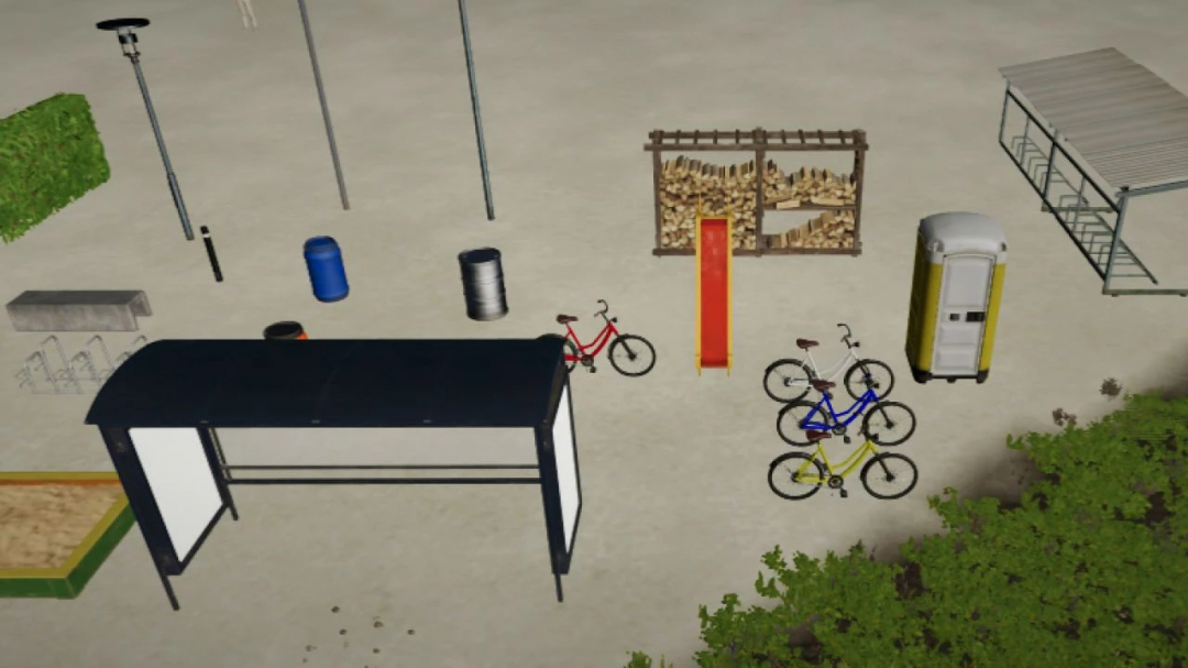 FS25 mod Alpine Props v2.0.0.0 showcasing park items like bikes, bench, and porta-potty in Farming Simulator 25.