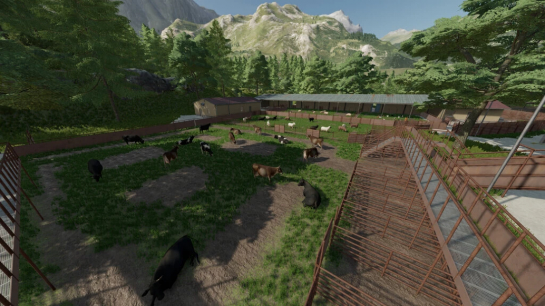 Le mod FS22 Arkansas Of American v1.0.0.1 présente une ferme bovine détaillée avec une végétation luxuriante et un décor montagneux.