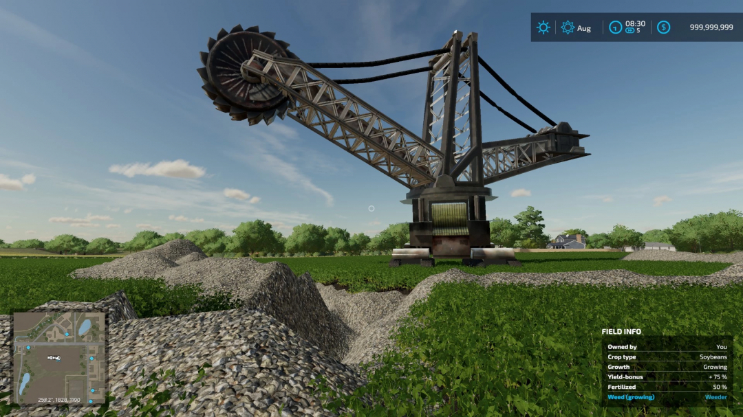 FS22 mod Bagger 288 v1.2.0.0 in a field with gravel mounds, showcasing large machinery in Farming Simulator 22.