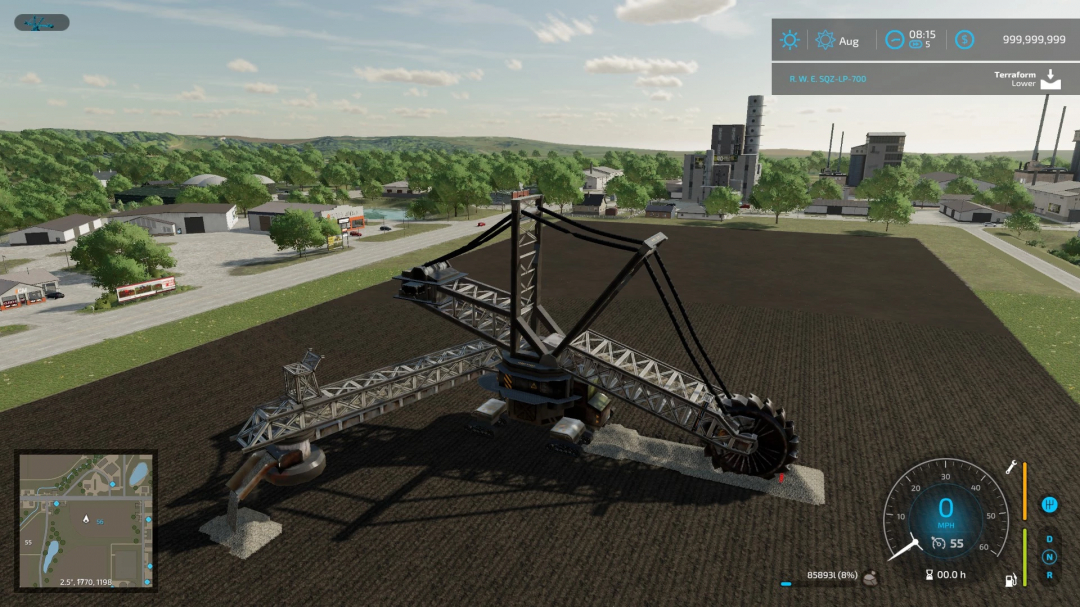 Bagger 288 mod in FS22 game environment, showing a large excavator on farmland.