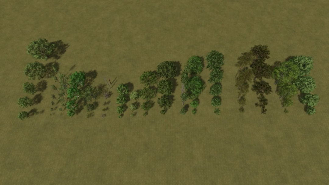 FS25 mod Base Map 2X v1.0.0.0 showing various tree types on a grassy landscape.