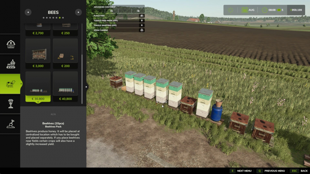 Beehives Pack mod in FS25 showing honey production options near fields.