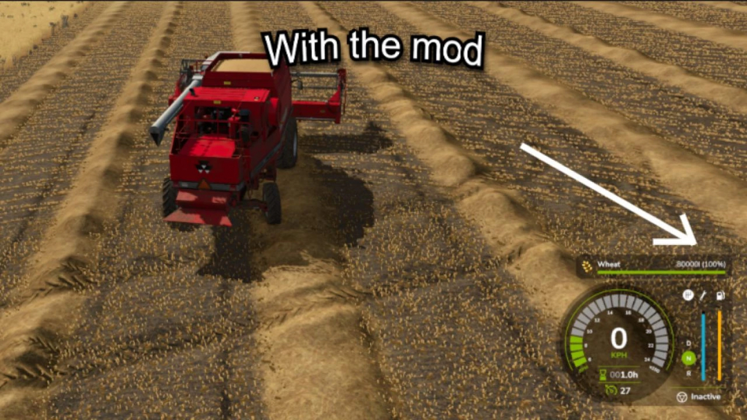 Mod FS25 che migliora la capacità del veicolo, mostrando statistiche di raccolta del grano migliorate.